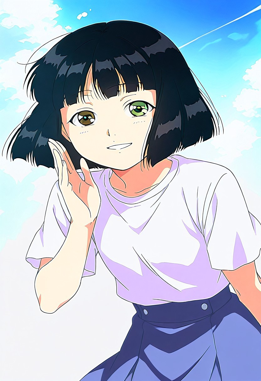score_8_up, score_7_up, anime screencap, anime art style, best quality, hyper detailed,masterpiece, ruri madarame, bob cut, short hair, black hair, odd eye, (left brown eye:1), right green eye, 1girl, solo, bangs, shirt, skirt, short sleeves,smile, happy, dynamic pose