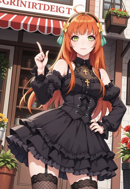 masterpiece,best quality,amazing quality,
<lora:NoobV065sHyperDmd:.5>,
1girl, solo, orange hair, green eyes, long hair, hair flower, ahoge,, <lora:kohana_aigasaki_meipaws:1>,
gothic, goth fashion, black dress, frills, lipstick, eyeshadow, makeup, puffy sleeves, fishnets, hairband, jewelry, cross necklace, flower shop, outdoors, storefront, flower pot, potted plant, shelf, red flower, contrapposto, legs apart, standing, hip focus, dutch angle, layered dress, black nails, detached sleeves, bare shoulders, thighhighs, awning, petticoat, cowboy shot, looking at viewer, pointing up, pointing, index finger raised, hand on own hip, light smile, closed mouth, looking at viewer