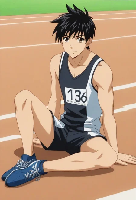 ((masterpiece)), ((best quality)), ((ultra-detailed)), ((absurdres)), score_9_up, score_8_up, score_7_up,
HD, top quality, best quality, amazing quality, High-quality illustrations, anime screencap, source_anime, best aesthetic, perfect proportions, perfect eyes, 1boy, 1male, solo boy, solo male, male focus, solo male focus, Anime, boy, male anime character, anime boy, handsome, cute, charming, sexy, good-looking, Yamato Akitsuki, black hair, brown eyes, ((track uniform)), ((blue shoes)) ((sitting on ground)), ((track and field, sports area, bleachers)), easynegative, updn, Expressiveh, masterpiece, best quality, very aesthetic, absurdres