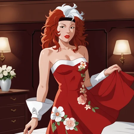 <lora:RogueTAS_pony_v1:1> RogueTAS, 1girl,  lipstick, white hair,  makeup, brown hair, breasts,  two-tone hair, multicolored hair, long hair, red hair, retro artstyle, cowboy shot,  <lora:1007 Chinese wedding dress_v1_pony:1> ruanyi1007,bare shoulders,detached sleeves,red dress,floral print,strapless dress,