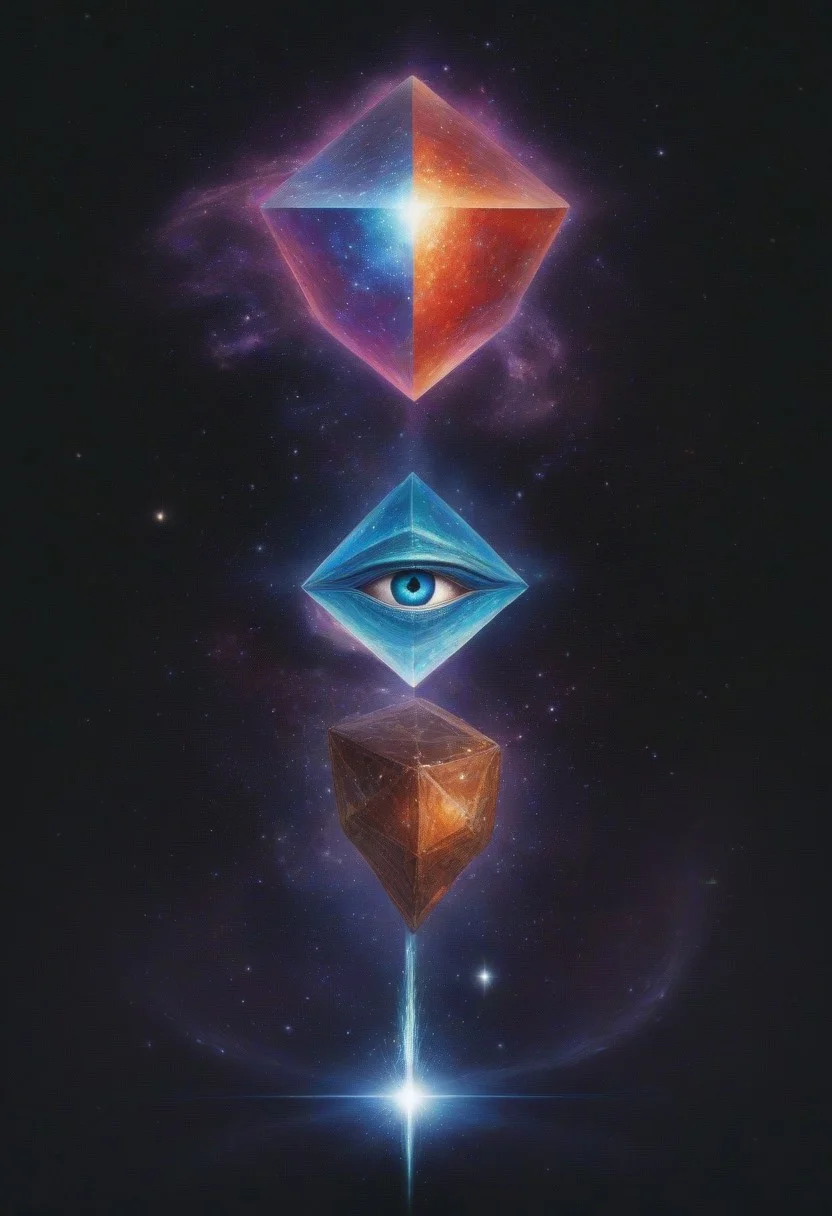 eye, galaxy, platonic solid, sword