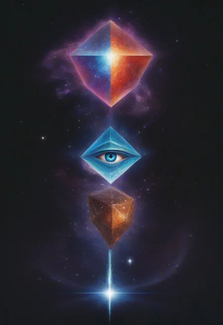eye, galaxy, platonic solid, sword
