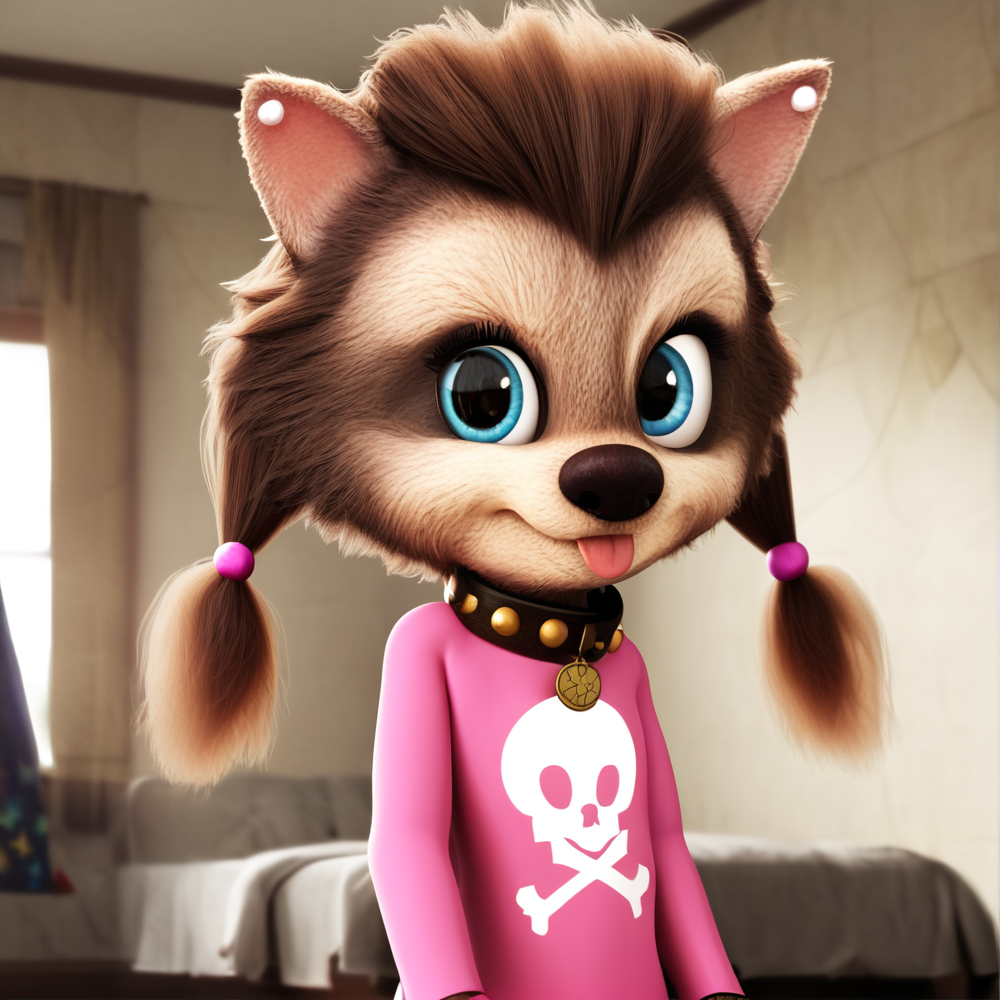 hi res, best quality, female, Score_9, score_8, score_7 BREAK, best anatomy, (solo), small body, young, petite, ultra detailed, short, (source_cartoon), (((show accurate))), (masterpiece), <lora:Winnie_Werewolf:1>, winnie_werewolf_ht, furry, blue eyes, collar, pink dress, ponytails, bows, animal nose, jewelry, furry female, animal ears, twintails, looking at viewer, standing, indoors, frown, sticking tongue out, upper body