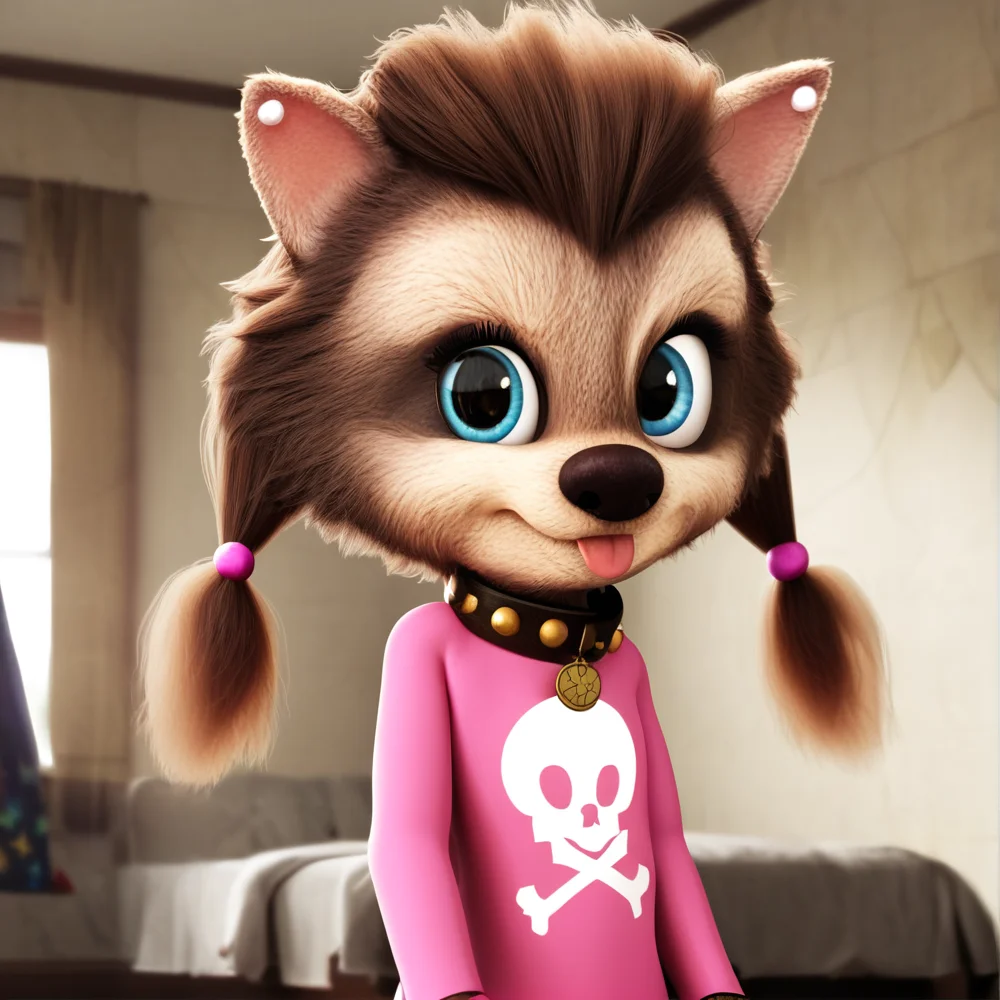 hi res, best quality, female, Score_9, score_8, score_7 BREAK, best anatomy, (solo), small body, young, petite, ultra detailed, short, (source_cartoon), (((show accurate))), (masterpiece), <lora:Winnie_Werewolf:1>, winnie_werewolf_ht, furry, blue eyes, collar, pink dress, ponytails, bows, animal nose, jewelry, furry female, animal ears, twintails, looking at viewer, standing, indoors, frown, sticking tongue out, upper body