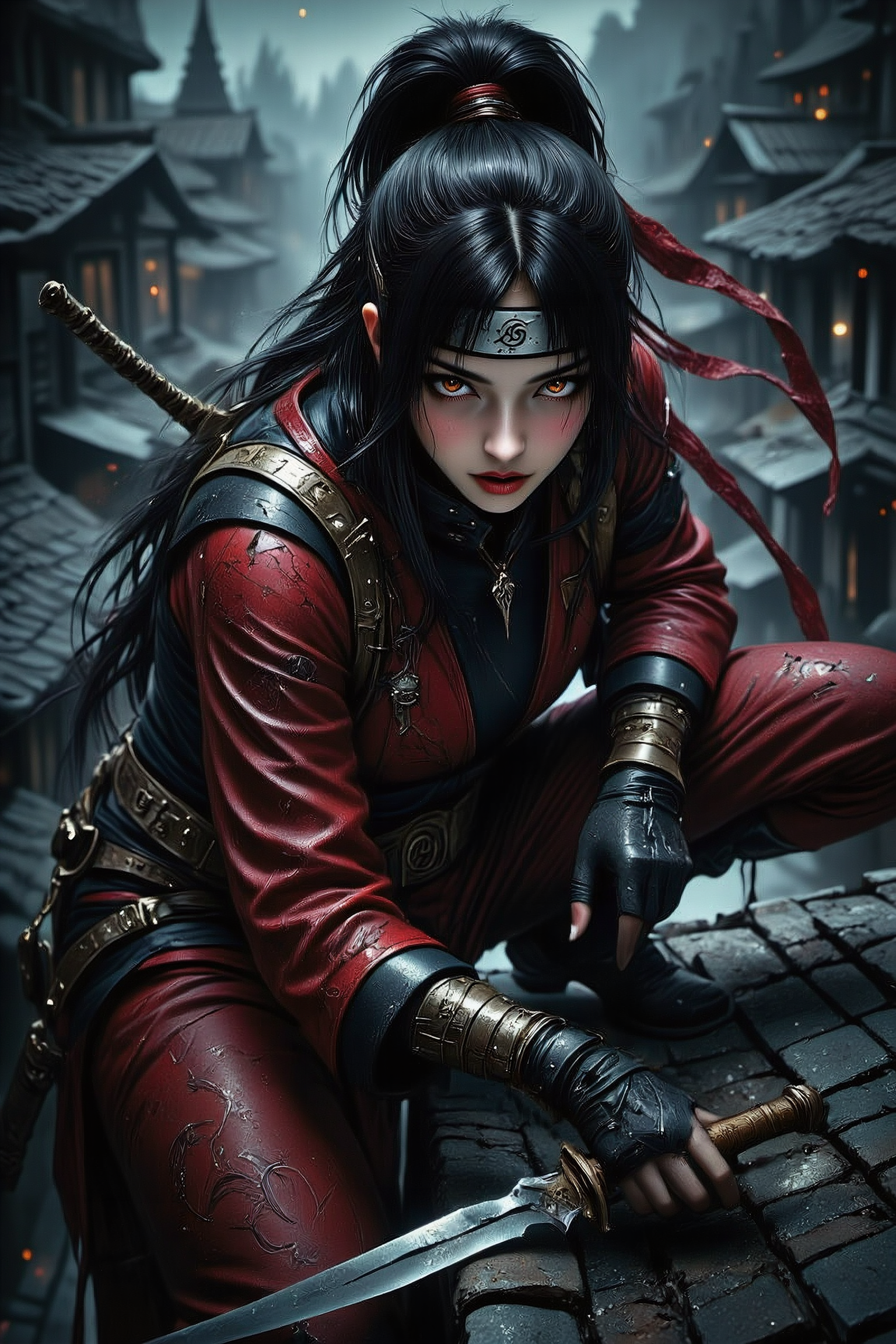 A female ninja in the style of Naruto, dressed in a sleek, dark red outfit with intricate, subtle patterns blending into the shadows. She is crouched low on a rooftop, holding a sharp, gleaming kunai in one hand, while her other hand rests lightly on the roof tiles. Her forehead protector with a distinct, engraved emblem is tied around her head, securing her long, jet-black hair that is neatly pulled into a high ponytail. She wears protective wrist guards, and her gloved hands grip her weapon with precision. The scene is captured from a high, downward angle, emphasizing her alert posture as she surveys the streets below. The rooftops and distant buildings fade into a dim, moonlit background. Her sharp eyes reflect the flicker of distant lights, and the muted colors of the village below are contrasted by the dark tones of her outfit. The high contrast, vivid detail, and surreal realism of the scene bring out every texture, from the fabric of her outfit to the roof tiles beneath her, creating an immersive atmosphere that blends anime aesthetics with a hyper-realistic, highly detailed style.
<lora:Dever_Flux_Enhancer:0.5>
<lora:FluxMythP0rtr4itStyle:0.75> mythp0rt
<lora:midjourney_whisper_flux_lora_v01:0.6> Midjourney_Whisper
<lora:zavy-drkcnmtc-fxl:0.6> zavy-drkcnmtc
<lora:DnDDarkestFantasy:0.5> ArsMJStyle, dnddarkestfantasy
<lora:Midjourney_-_SemiReal_Dreams_FLUX_LoRA:0.6>