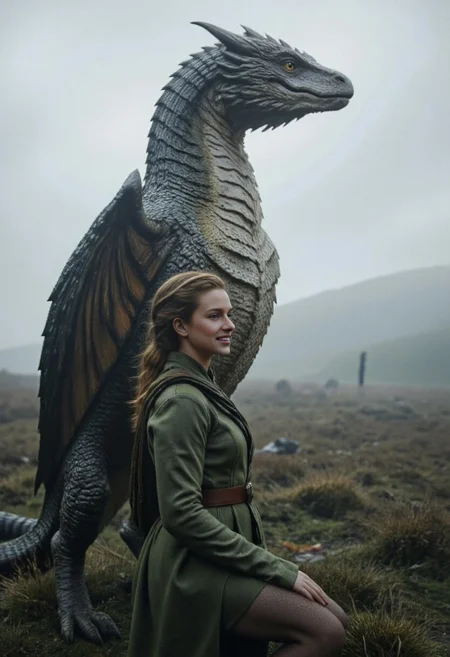 An image of Julia, in misty moorland. Her lips have a knowing smile. Around her fog drifts by through the air like ash from a celestial forge. The camera is angled just below eye level. Behind her rises her dragon friend, its body an interplay of greens and greys, much like that of the landscape. The textured overlapping scales catch the faint light struggling to pierce the fog. Its massive wings, folded tightly to its sides, similarly reflect the weak light. Its yellow reptilian eyes, slit-pupiled and intelligent, gaze into the fog. The woman and dragon both seem to be seeking something unseen.