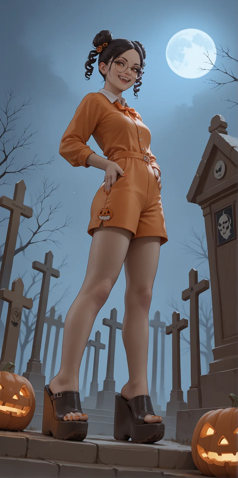 score_9, score_8_up, score_7_up, score_6_up, realistic,
wide angle, standing, low angle, foot focus, from side,
standing,
1girl, dark skin, goth, curly hair buns, round glasses, hair ornament, evil smile, fangs,
(mega wedge heels:1.1), platform footwear, (black footwear:1.1),
orange romper, skintight clothing,
halloween scene, fog, cemetery, night,
orange toenail polish,
embedding:zPDXLrl ,
embedding:zPDXL2 ,