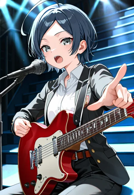 (masterpiece, best quality:1.4), looking at viewer, cowboy shot, outdoors, stairs, sitting, hachiman hikigaya Oregairu, ahoge, grey eyes, black pants, school uniform, black jacket, open jacket, white shirt, belt, playing instrument, electric guitar, singing, pointing at viewer, stage lights, dark background, ,masterpiece,best quality,amazing quality, <lora:hachiman_hikigaya_v1:0.7>