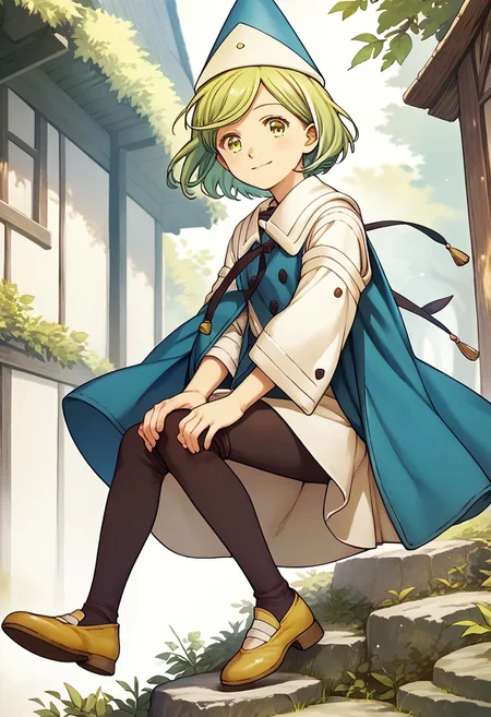 score_9, score_8_up, score_7_up BREAK CocoAtelier, 1girl, light green bob cut, light green eyes, tasseled blue white cone hat, blue white cape, long-sleeved white shirt, dark leggings, yellow shoes, smiling at viewer, solo, solo focus, anime, source_anime,