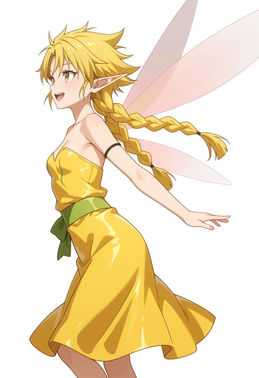 Smooth Quality,masterpiece,very intricate, high quality details, ultra realistic, high detailed skin,detailed enviorement,absurdres, 
simple background, white background, 
from side,dancing,
:d,solo, 
 <lora:Ramiriscnn:0.8> ramiriscnn, 1girl, fairy, minigirl, blonde hair, yellow eyes, pointy ears, long hair, twin braids,small breasts,fairy wings, bare shoulders, yukata,  ,raincoat,  ,flared skirt,  ,