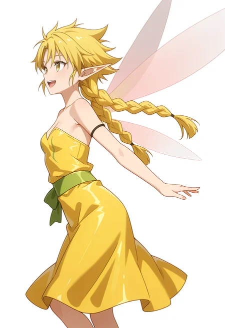 Smooth Quality,masterpiece,very intricate, high quality details, ultra realistic, high detailed skin,detailed enviorement,absurdres, 
simple background, white background, 
from side,dancing,
:d,solo, 
 <lora:Ramiriscnn:0.8> ramiriscnn, 1girl, fairy, minigirl, blonde hair, yellow eyes, pointy ears, long hair, twin braids,small breasts,fairy wings, bare shoulders, yukata,  ,raincoat,  ,flared skirt,  ,