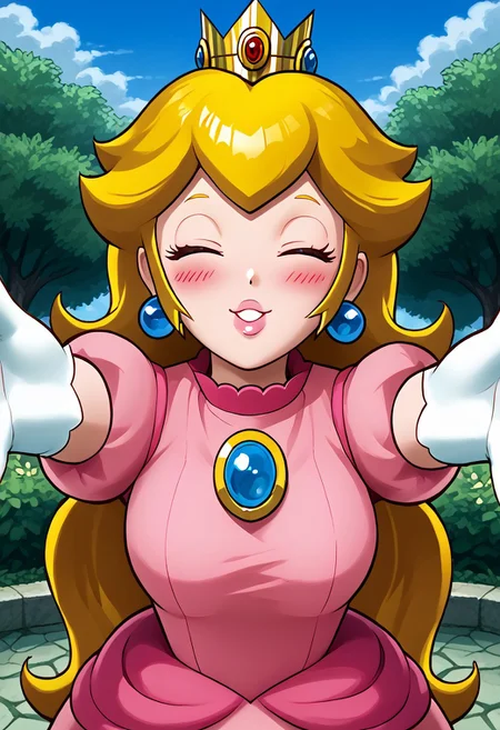 <lora:add-detail-xl:-2>, score_9, score_8_up, score_7_up, marble sculpture pedistal, sppeach, detailed eyes, detailed face, detailed skin, medium breasts, curvy, long hair, blonde hair, crown, elbow gloves, earrings, smile, shy, blushing, 1girl, outside, garden background, sky, marble female statues, <lora:incoming-hug-ponyxl-lora-nochekaiser:1>, incoming hug, looking at viewer, reaching, reacing towards viewer, outstretched arms, hands out of frame, incoming kiss, closed eyes, blush,