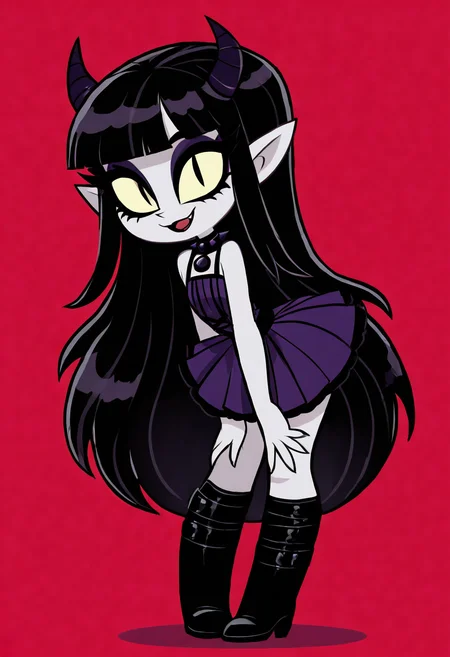 (masterpiece, best quality, good quality, very aesthetic, absurdres, newest:1.2), 1girl, solo, eyelashes, (beautiful eyes), 1girl, solo, long hair, black hair, purple and black hair, looking at viewer, horns, pointy ears, bangs, blunt bangs, slit pupils, yellow sclera, grey skin, makeup, eyeshadow, black lips, purple dress, black boots, knee boots, spikes, spiked collar, gothic, , <lora:VampieNAI:0.8>, leaning forward, head tilt, heart, smile, <lora:ZankuroStyle_NAI:1.0>,