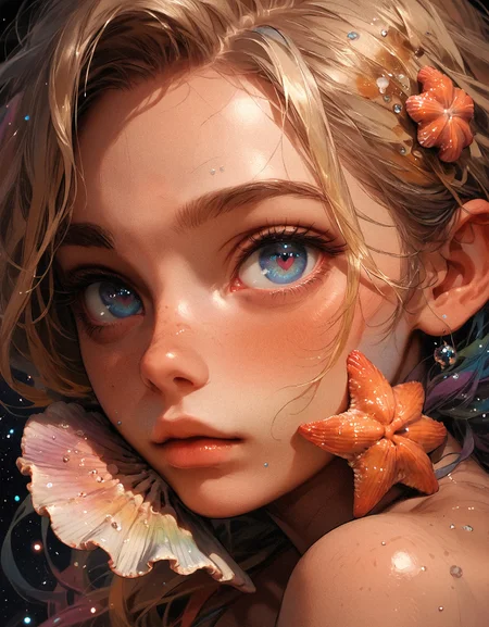 score_9, score_8_up, score_7_up, score_6_up, score_5_up, score_4_up, girl and a seashell, rainbow seashell, girl has blonde hair and blue eyes, pink heart, small eyes, galaxy, black background