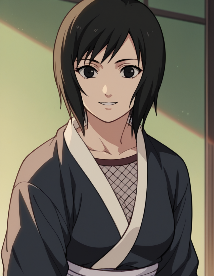 score_9, score_8_up, score_7_up, source_anime, <lora:shizune-s2-ponyxl-lora-nochekaiser:1>, shizune, short hair, black hair, black eyes, medium breasts,, long sleeves, collarbone, japanese clothes, fishnets,, indoors, smile, looking at viewer, solo,, cowboy shot, dutch angle