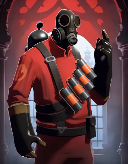 award winning photo, in the (dark:1.3), (deep shadow:1.3), creepy, scary, best quality, highres, 1boy, solo, tf2pyro, redteam, red jacket, gas mask, (in a gothic castle), ((moonlight)), light particles, intricate details, window in the background, dynamic angle, slight smile, (night:1.4), <lora:tf2pyroloraXL:1>