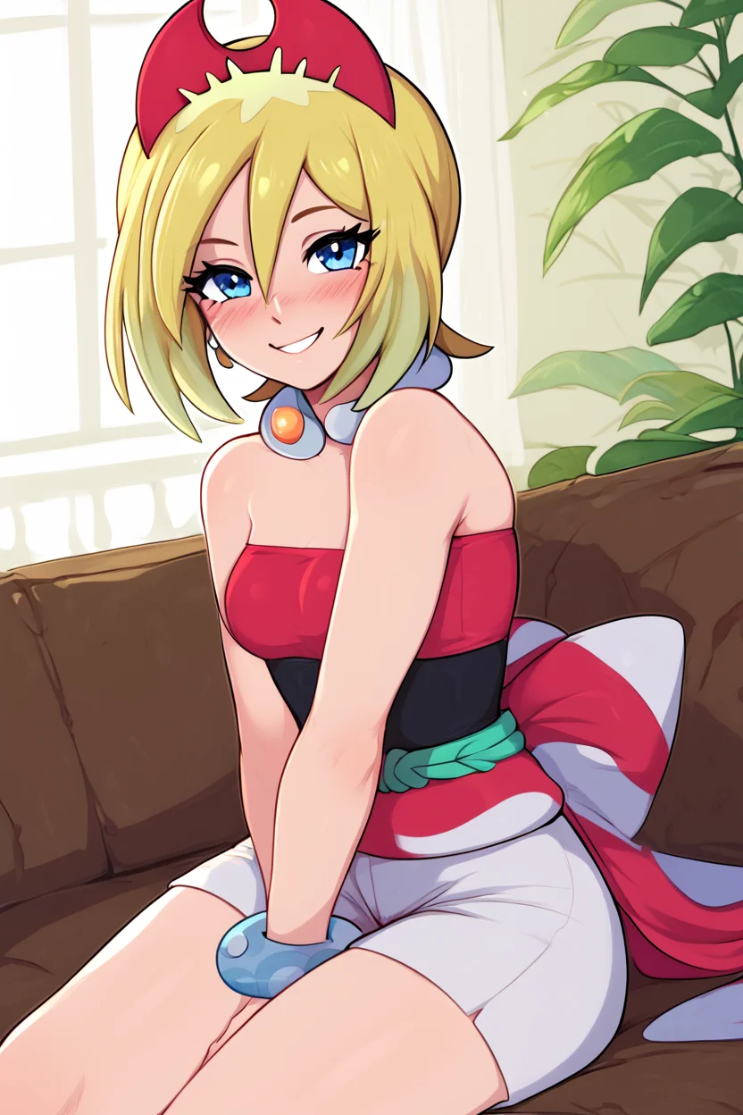 score_9, score_8_up, score_8, medium breasts, (curvy), cute, eyelashes, ,,, zzIrida, blonde hair, blue eyes, short hair, bangs, hair between eyes, red hairband, bracelet, neck ring, red shirt, sash, solo, strapless shirt, white shorts, waist cape, <lora:Irida_Pokemon_PDXL_Citron:0.8>, ,,, hand between legs, blush, smug, ,,, smile, looking at viewer, blush, blurry, couch, sitting, ,,, <lora:Afrobull_PDXL_v5:0.8>, , ,,, BREAK, smile, looking at viewer, cowboy shot, embedding:zPDXL, Expressiveh, <lora:SDXLFaeTastic2400:0.5>, <lora:Expressive_H-000001:0.4>,