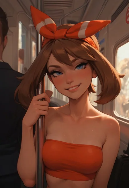 Expressiveh, score_9, score_8_up, score_7_up, score_6_up, score_5_up, score_4_up, godrays, 1girl, May (pokemon), subway, crowded train, sunday, tube top, sweat, smirk, holding pole, sexy, pose, posing, face focus, closeup