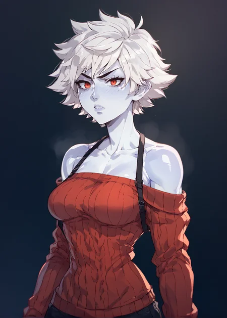 white skins, spiky red short tomboy hair, neutral expression, tight sweater, <lora:NAHIRI:1> nahiri, 1girl, solo, short hair, breasts, bare shoulders, white hair, colored skin,  <lora:Amplected_3d_anime_art_style:1>, source_anime, score_9_up,  score_7_up, score_8_up