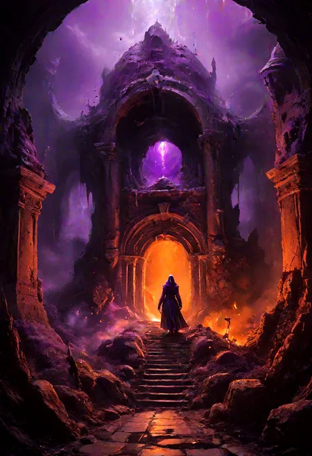 fanun, magical fantasy, darj fantasy, horror, 
purple theme, orange theme, dark theme,
underground tomb, best quality, masterpiece