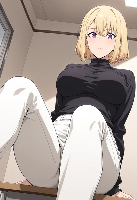 masterpiece, best quality, high resolution, source_anime, highly detailed illustration, detailed eyes,
very aesthetic, absurdres, newest, amazing quality,
1girl, solo, anime coloring,
<lora:shiChaeHaeInV1ill:1>, shichaecoutfit, short hair, blonde hair, hair between eyes, bangs, sidelocks, purple eyes,
large breasts, black sweater, turtleneck sweater, white pants,
looking at viewer,