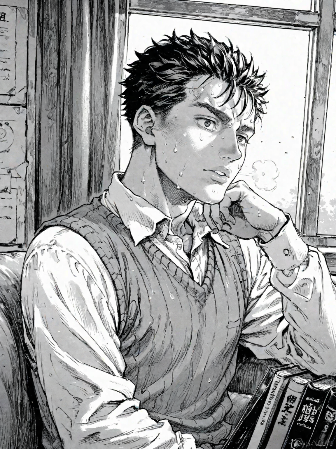 1boy black_eyes black_hair black_sweater_vest book collared_shirt male_focus parted_lips shirt short_hair solo sweat sweater_vest white_shirt window
, <lora:Berserk:0.8>, score_9, score_8_up, score_7_up, zPDXL3, monochrome, greyscale