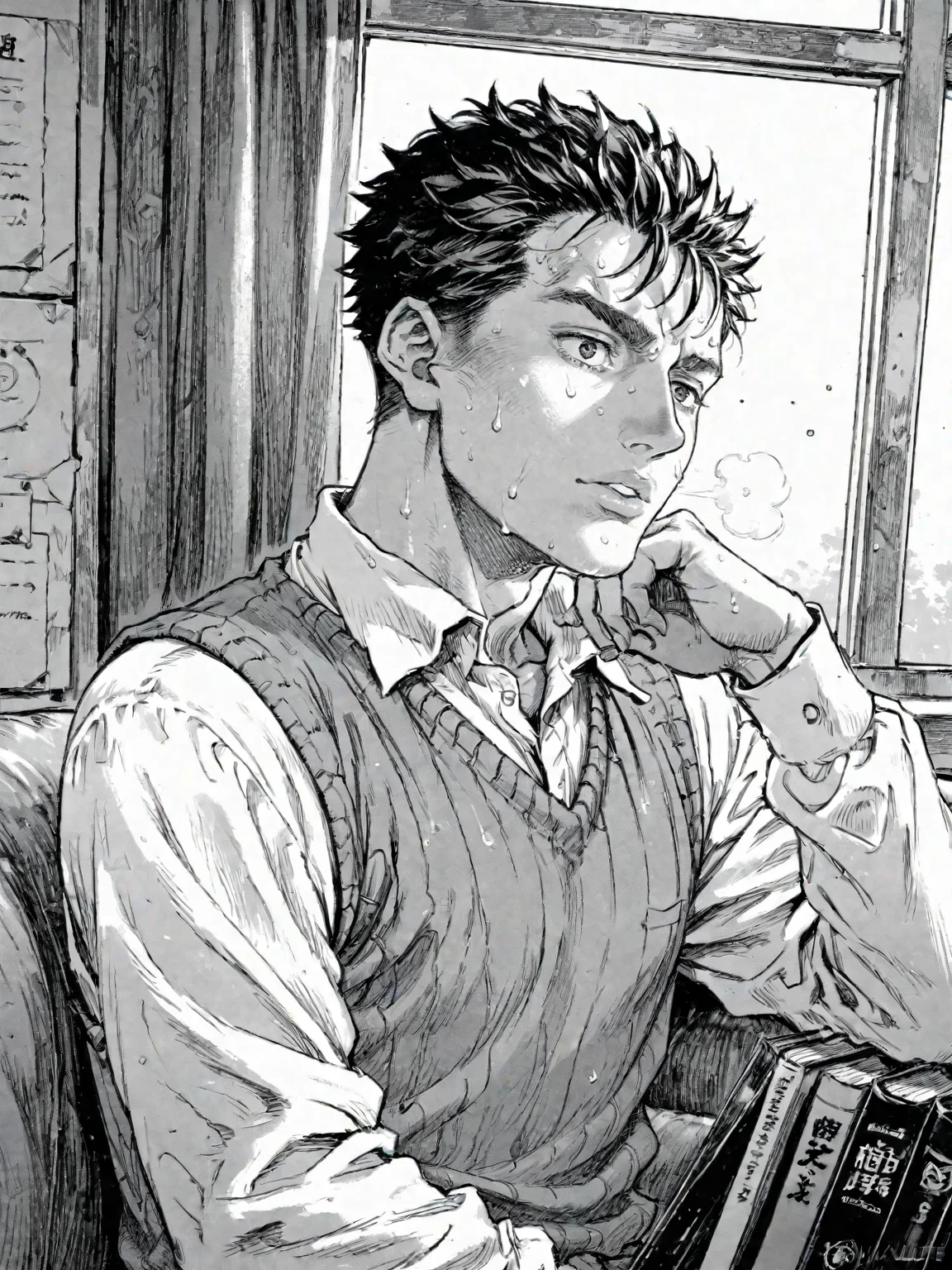 1boy black_eyes black_hair black_sweater_vest book collared_shirt male_focus parted_lips shirt short_hair solo sweat sweater_vest white_shirt window
, <lora:Berserk:0.8>, score_9, score_8_up, score_7_up, zPDXL3, monochrome, greyscale