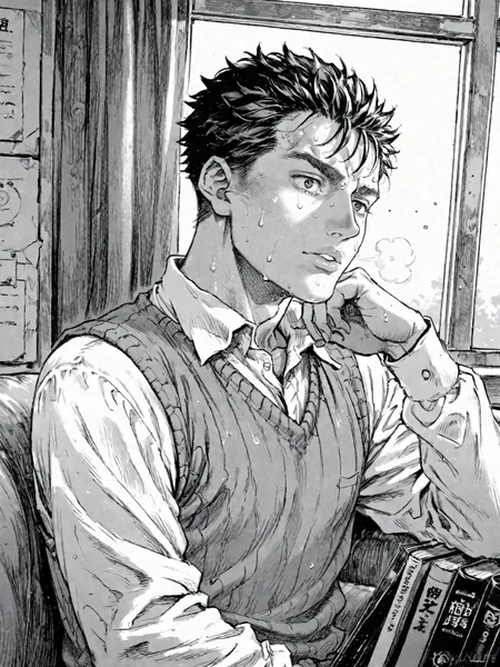 1boy black_eyes black_hair black_sweater_vest book collared_shirt male_focus parted_lips shirt short_hair solo sweat sweater_vest white_shirt window
, <lora:Berserk:0.8>, score_9, score_8_up, score_7_up, zPDXL3, monochrome, greyscale