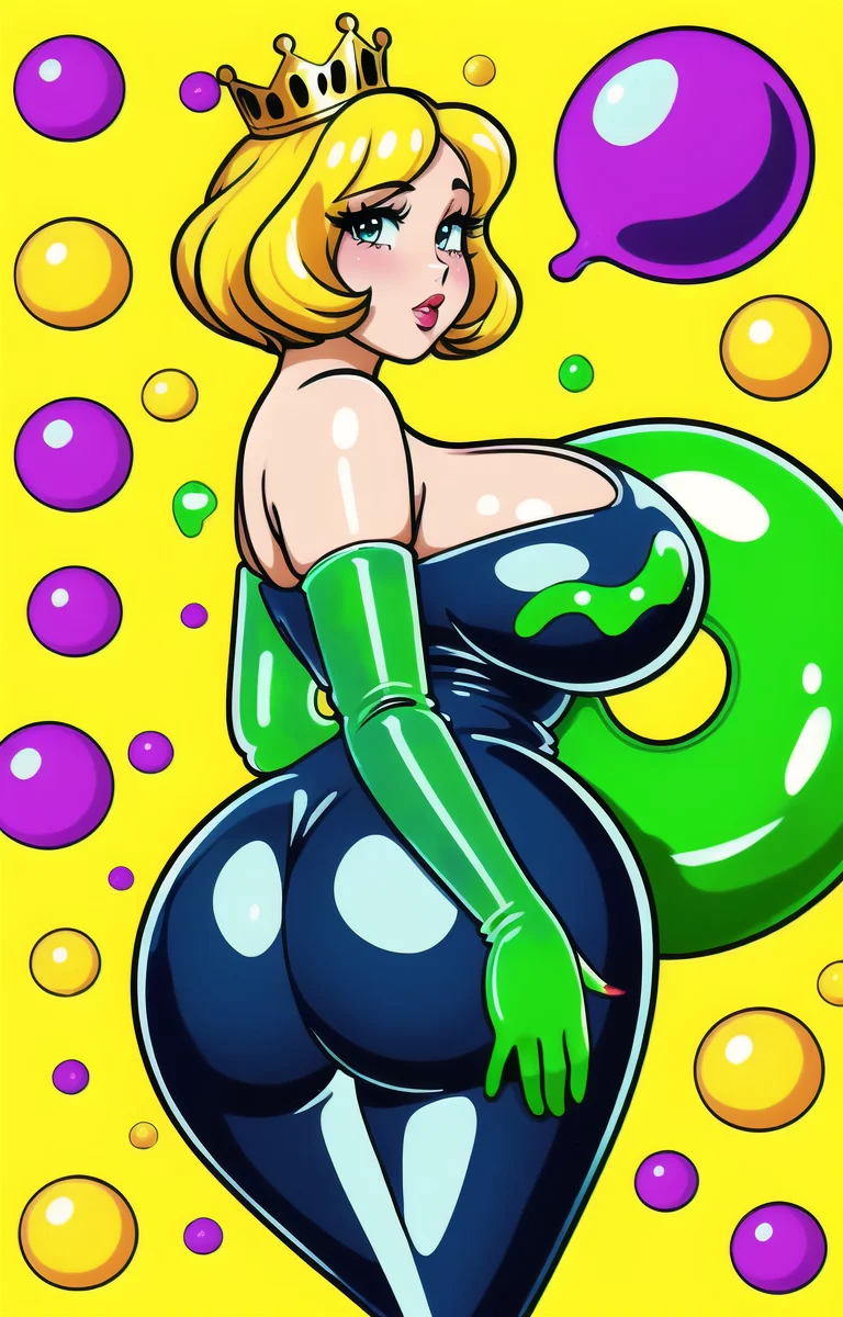 1woman, made of goo, (slime:1.3), long legs, big boobs, slime queen, gold crown, castle background, neon colors, saturated colors, detailed face, perfect face, cute nose, vintage anime, retro anime, sunday comics, basic illustration, line art, pop art, 80's style, comic book, comic panel, manga, curvy body, thick thighs, hour-glass shape, highly detailed, professional illustration, masterful artwork, perfect feet, primary colors, anatomically correct, perfectly drawn, small goo orbs floating in background, otzk