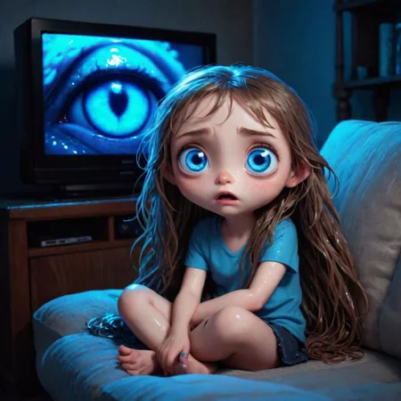 (embedding: cute) Sitting on the couch with glowing, wet and sticky scales, ((long hair)|(claws)), a cute face with frightened ((big eyes)|(blue eyes)) and cute lips under the dark glow of the TV, surrounded by comfy pillows and the (subtle)|(intense) smell of the room.