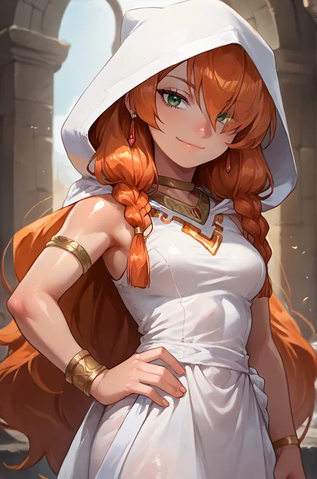 flamme \(sousou no frieren\), 1girl, solo, green eyes, jewelry, hand on own hip, armlet, orange hair, breasts, braid, white dress, earrings, bracelet, looking at viewer, hair over one eye, closed mouth, very long hair, sleeveless, smile, hood, <lora:sousou_no_frieren_collection_v1.2:1>, , score_9, score_8_up, score_7_up, source anime, (shiny skin:1.20),