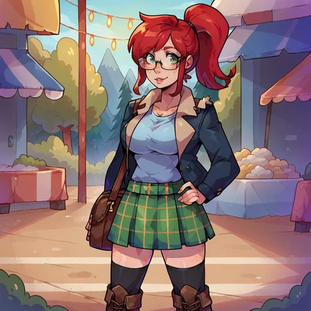score_9, <lora:MonsterProm_XL:0.7> monsterprom, <lora:Bandi_XL:0.8> bandi, red hair, glasses, freckles, ponytail, side bangs, side_locks, sidelocks, green eyes, large breasts, tartan skirt, jacket, shirt, shoulder bag, boots, long black socks, thighhighs