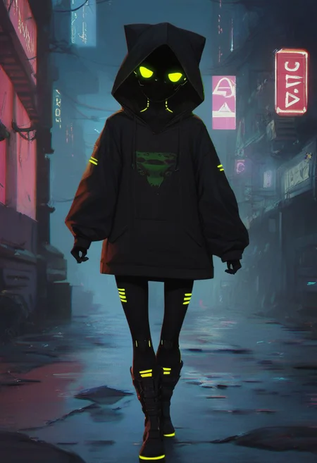 score_9, score_8_up, score_7_up, score_6_up, score_5_up, score_4_up, city, night, dark, alleyway, detailed background, 1entity, slender, oversized hoodie, hood up, glowing eyes, neon stripes hoodie, nothing under the hood, shadow under the hood, flat chest, pure black skin, thin legs, boots, fleeing pose, holster, action shot, dynamic, cyberpunk, teeth, sarcastic grin, Shadowed Face, pikaole