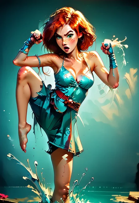 score_9, score_8_up, score_7_up, score_6_up, score_5_up, score_4_up,
BREAK
picture-perfect, best quality, detailed shading, depth_of_field, cinematic lighting, (cowboy view),
BREAK
1girl, kim_pos_V2, kim_pos_V2_face, kim_pos_V2_body, long red hair, 18 years old, (stunning green eyes), (skin detail, freckles, moles on skin:1.4),
BREAK
1boy, ninja, ninja outfit, shadowed, fighting stance, sword, dodge girl
BREAK
1girl, kim_pos_V2, kim_pos_V2_face, kim_pos_V2_body, (leaping flying karate kick ninja, (((feet off ground)))), ((teep fighting stance,martial arts, incoming attack, ((mid air, dynamic, motion blur, blood splashes)))), jusiki, doing a high jump sidekick, doing a jump sidekick, (((jumping at viewer))), perfect makeup, ((random hairstyle, cotton sundress with floral print)),
BREAK
(:1.2),
BREAK
(:1.2)
BREAK
full view shot, (stable, haybales, golden sunlight, detailed multi-layered background),