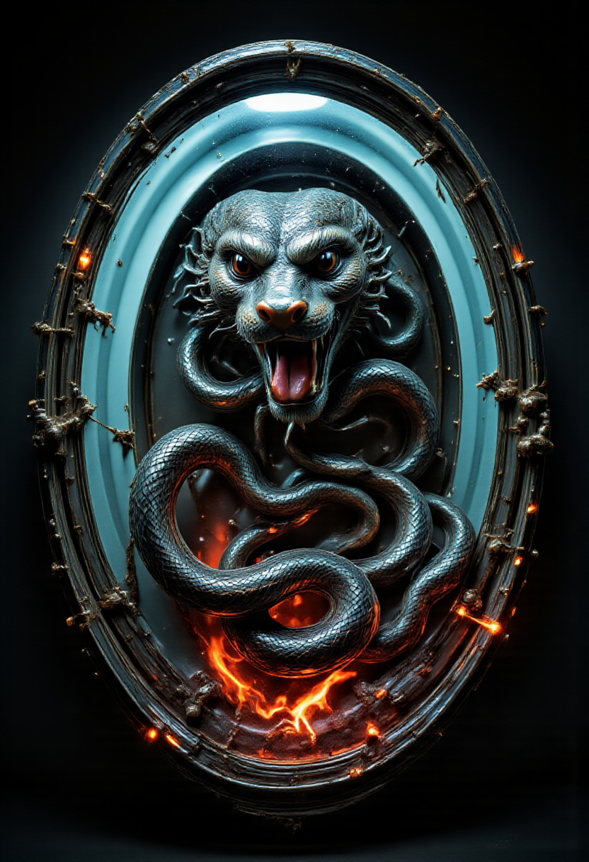 biomechanical style A hyper-realistic and intense scene of a snake appearing to emerge from a glowing digital screen, creating a 3D effect as if it is breaking into the viewer's space. The snake's head and part of its body are reaching out of the screen, its fangs exposed in an aggressive posture. The screen appears cracked and distorted at the edges where the snake is breaking through, with glowing fragments and electrical sparks adding to the dramatic effect. The background is dark, amplifying the sense of depth and realism.. cer1micsn1ke  <lora:FLUX_cer1micsn1ke_LoRA:1> <lora:aidmaFLUXpro1.1:0.32> aidmaabdhr <lora:aidmaAbadonedHorror:0.66> <lora:Mushroom_Portrait_Flux_v1:0.50> <lora:FLUX_Bizarredreams:0.80> <lora:FLUX_QVL_LoRA:0.60> <lora:FLUX_ga53oom_LoRA:1> ga53oom background . blend of organic and mechanical elements, futuristic, cybernetic, detailed, intricate