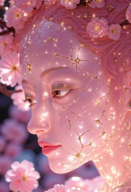 Close-up portrait of a statue of a an asian woman staring at the viewer. Her head and body are semi-translucent, polished Rose Quartz, with numerous, glowing, fine, hairline cracks covering the head and down her neck creating a statue-like effect. Her eyes are a light pink color, gold dust eye shadow, and her lips are a rich, gold-colored lipstick. The lighting focuses on the face, creating strong highlights and shadows. The background is softly blurred showing a sea of cherry blossoms petals, but is blurred and out of focus so all visual attention is on the woman's eyes, nose and mouth. Her pink, curly hair blends in with the background. The overall impression is one of dramatic beauty, with an almost otherworldly quality.  (((ultra-realistic style))), realistic soft lighting, eye-catching, atmospheric lighting, natural, shallow depth of field, (highlights: 0.8), high detail (dynamic, sincere, cinematic shot, film grain, bokeh, depth of field) <lora:FLUX-daubrez-DB4RZ-v2:1> DB4RZ, DB4RZ style painting