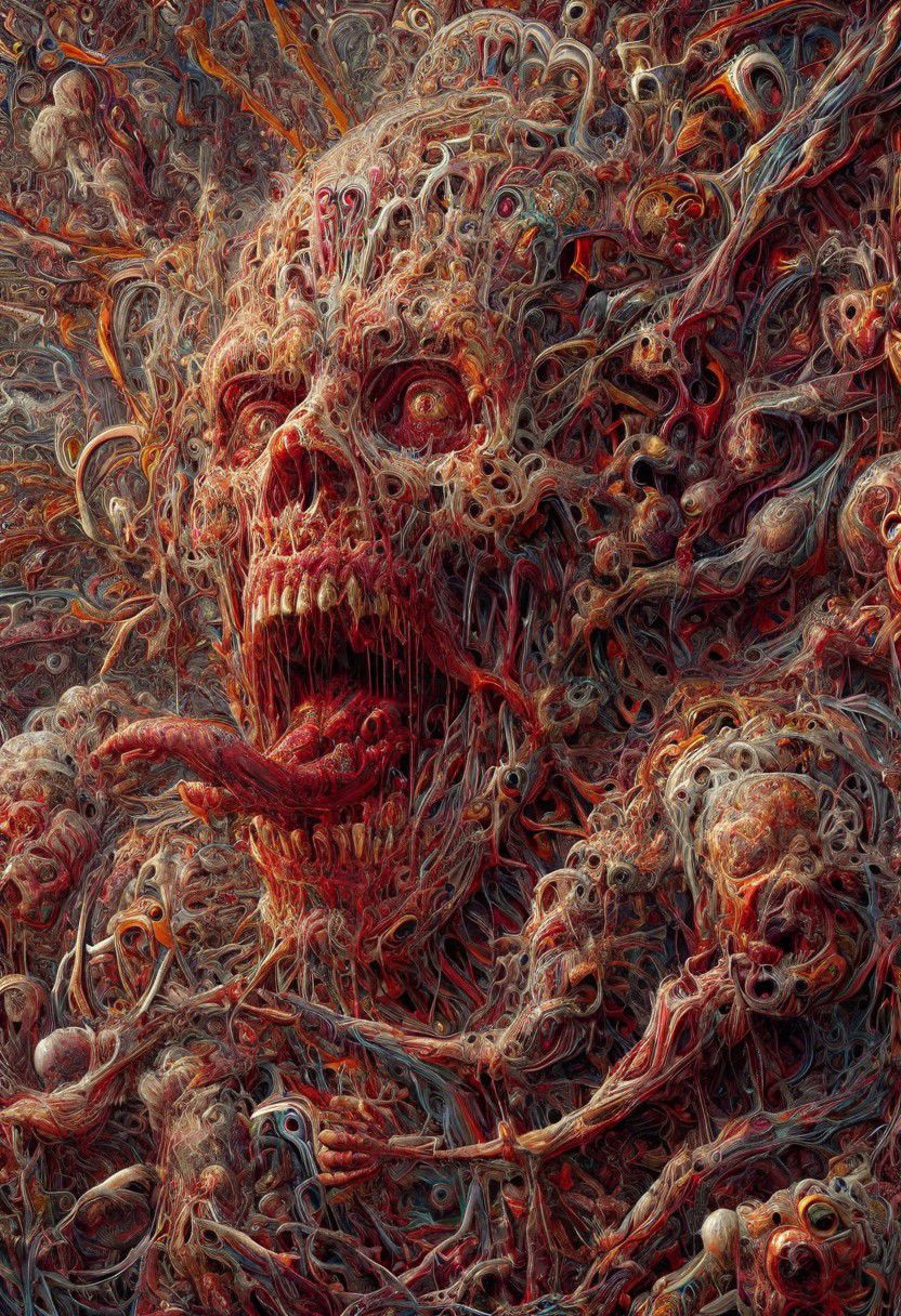 chuck close portrait st1cky detailed, st1cky people, c4r4, st1cky, stylized gore, detailed viscera, zombies, cyborg, masterpiece, surreal, horde, running, viscera