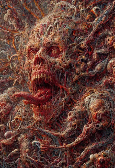 chuck close portrait st1cky detailed, st1cky people, c4r4, st1cky, stylized gore, detailed viscera, zombies, cyborg, masterpiece, surreal, horde, running, viscera