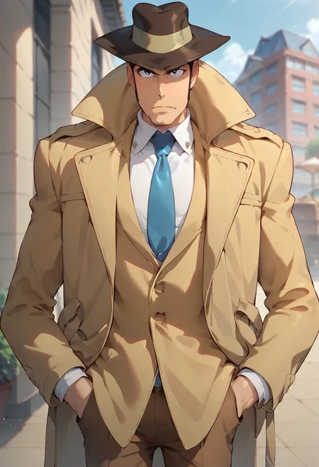 score_9, score_8_up, score_7_up, score_6_up, Expressiveh, male focus, solo, zenigata, black eyes, hat, blue necktie, brown pants, trench coat, sideburns, hands on pocket, serious face