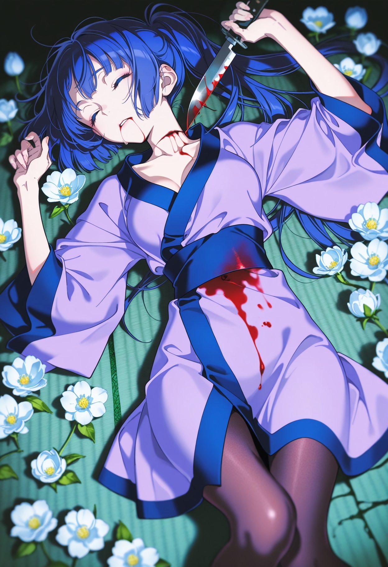 masterpiece, best quality, amazing quality, very aesthetic, high resolution, ultra-detailed, absurdres, <lora:amtsk-il:1> 1girl, amatsuku, kimono, pantyhose, closed eyes, parted lips, lying, flower, holding knife, blood from mouth, stab wound, blood from stomach, solo, yoneyama mai, (official art:0.6), (depth of field)