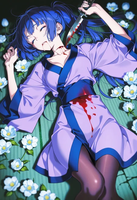 masterpiece, best quality, amazing quality, very aesthetic, high resolution, ultra-detailed, absurdres, <lora:amtsk-il:1> 1girl, amatsuku, kimono, pantyhose, closed eyes, parted lips, lying, flower, holding knife, blood from mouth, stab wound, blood from stomach, solo, yoneyama mai, (official art:0.6), (depth of field)