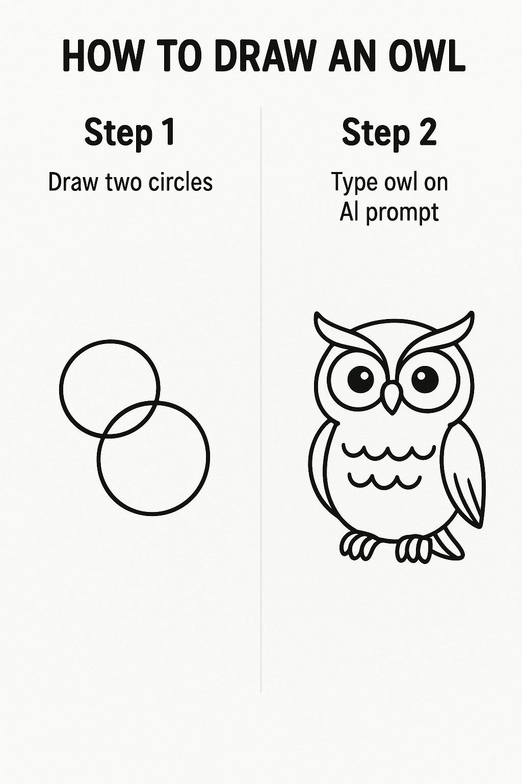 tutorial how to draw an owl, 1 draw two circles, 2 type owl on AI prompt