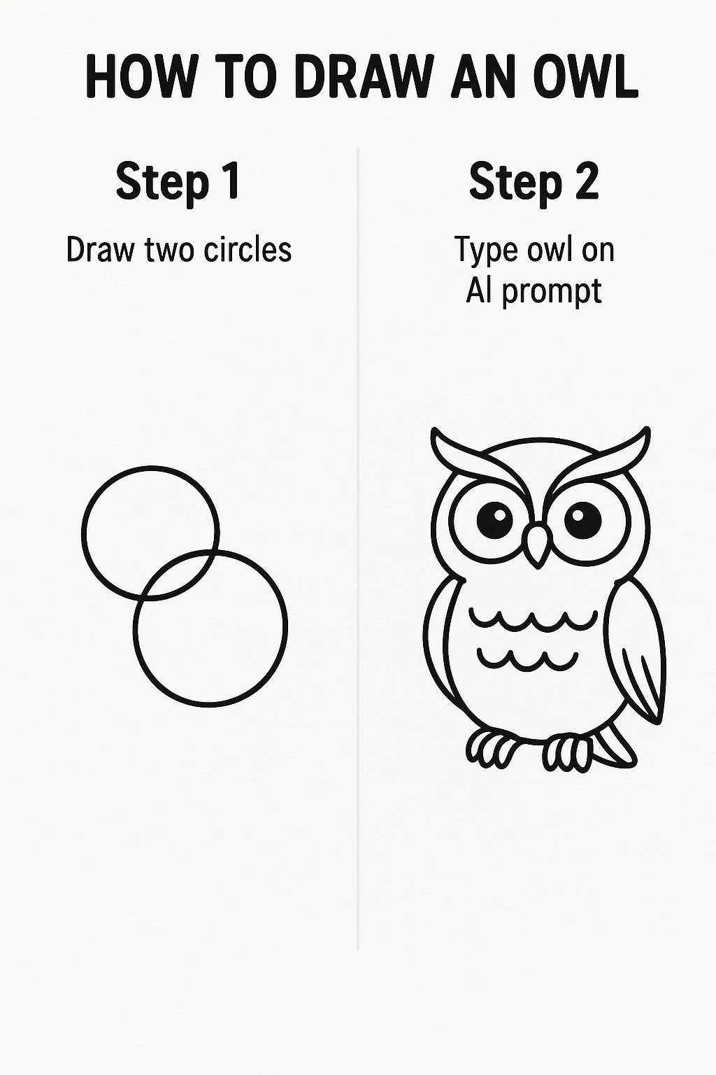 tutorial how to draw an owl, 1 draw two circles, 2 type owl on AI prompt