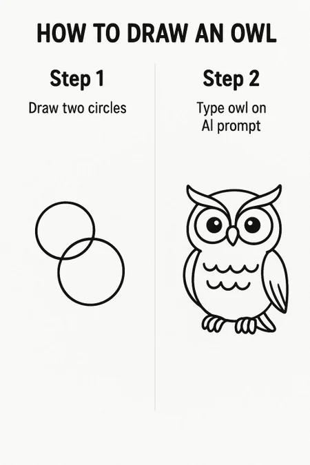 tutorial how to draw an owl, 1 draw two circles, 2 type owl on AI prompt