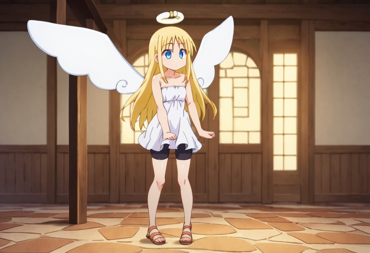 crimvael \(interspecies reviewers\),, blue eyes,blonde hair,long hair,angel,halo,wings,white dress,strapless,bare shoulders,bike shorts,sandals , thighhighs, indoors , standing ,  score_9, score_8_up, score_7_up, ,source_anime, best quality, masterpiece,   , full body view ,   garter straps, collarbone ,  1girl , solo , girl focus ,