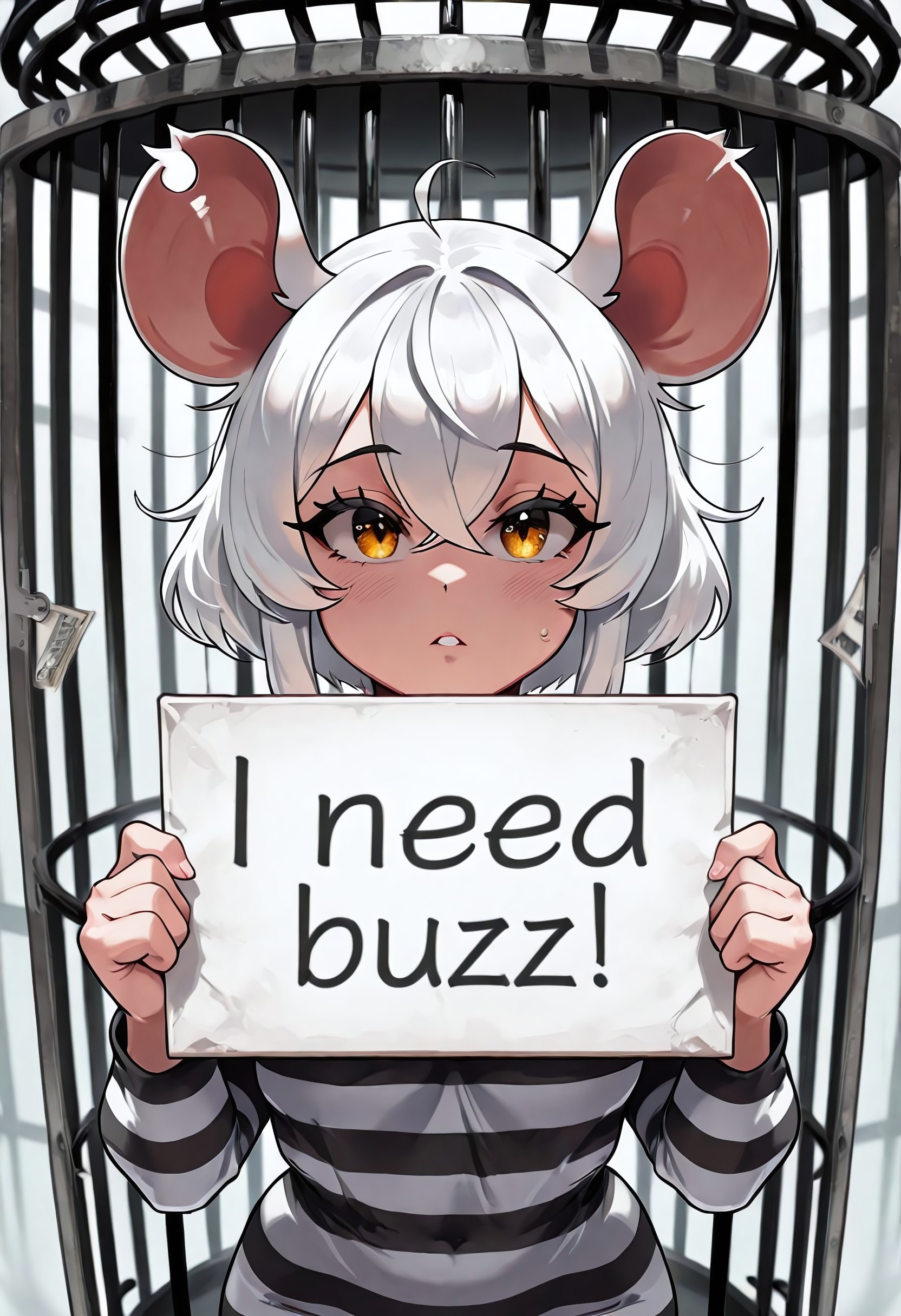Caged mouse girl holding a sign, in the large cage, pleading look, white hair, prison clothes, golden eyes, drops on cheeks, Lab on the background, excellent quality, looks at the viewer, need_buzz, holding sign,