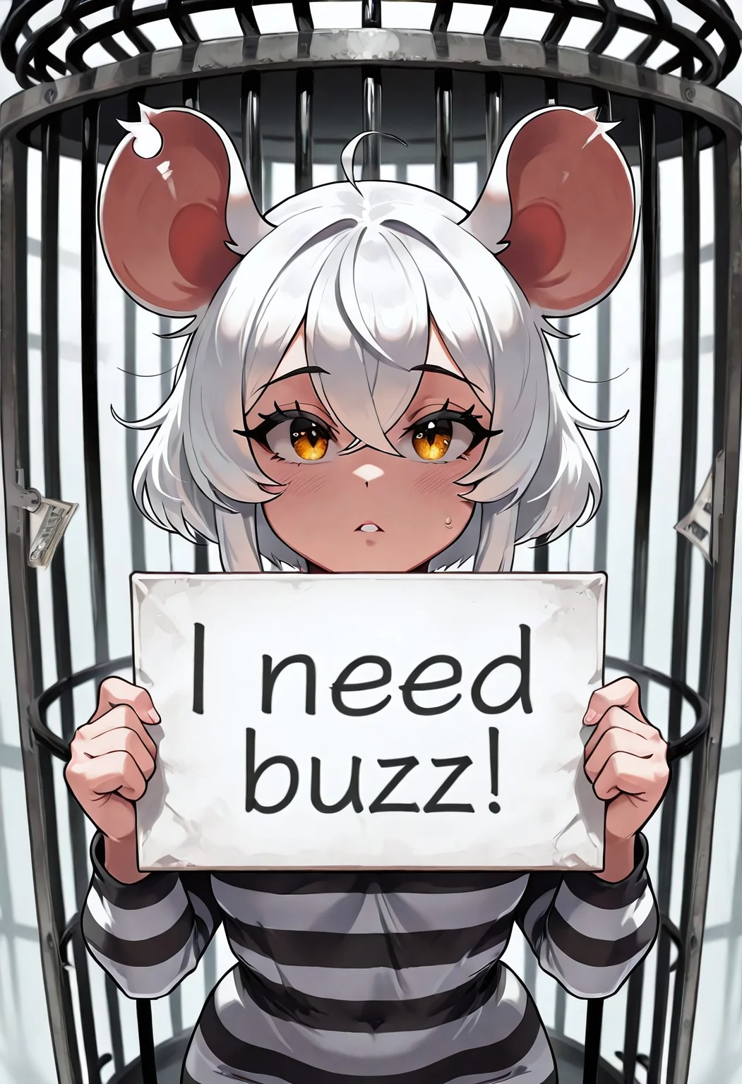 Caged mouse girl holding a sign, in the large cage, pleading look, white hair, prison clothes, golden eyes, drops on cheeks, Lab on the background, excellent quality, looks at the viewer, need_buzz, holding sign,