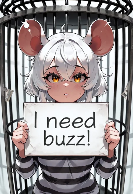 Caged mouse girl holding a sign, in the large cage, pleading look, white hair, prison clothes, golden eyes, drops on cheeks, Lab on the background, excellent quality, looks at the viewer, need_buzz, holding sign,
