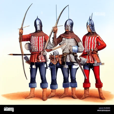 3boys, blonde hair, photo background, medieval, opposing troops, denim, holding, mask, jeans, specators, spear, short hair, realistic, red pants, unattached quiver