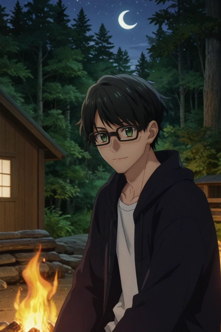 score_9, score_8_up, score_7_up, source_anime, rating_safe, , anime screencap, , , looking at viewer, , 1boy, solo, male focus, <lora:tasuku_kuresawa_pony:0.9>, tasuku_kuresawa, black hair, green eyes, short hair, glasses, profile, cabin, forest, campfire, night, crescent moon, pose, smirk, , <lora:sdxl_lightning_8step_lora:1>